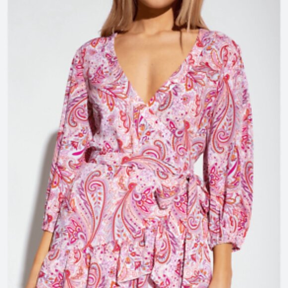 Melissa Odabash XS Pink Paisley Wrap Dress Boho Ruffle V Neck Mini Resort Beach - Picture 7 of 7